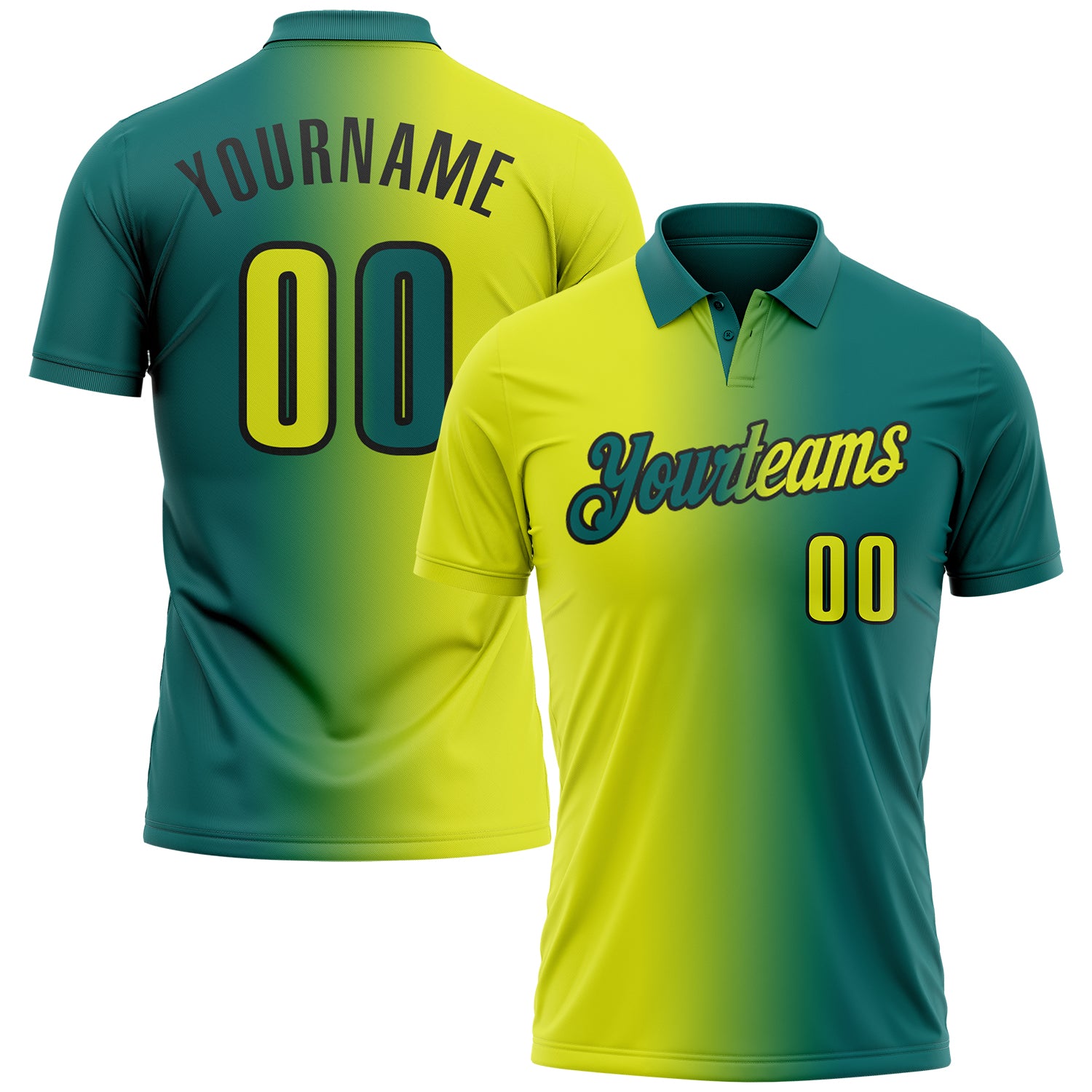 Custom Teal Neon Yellow-Black 3D Gradient Fashion Performance Polo Shirt