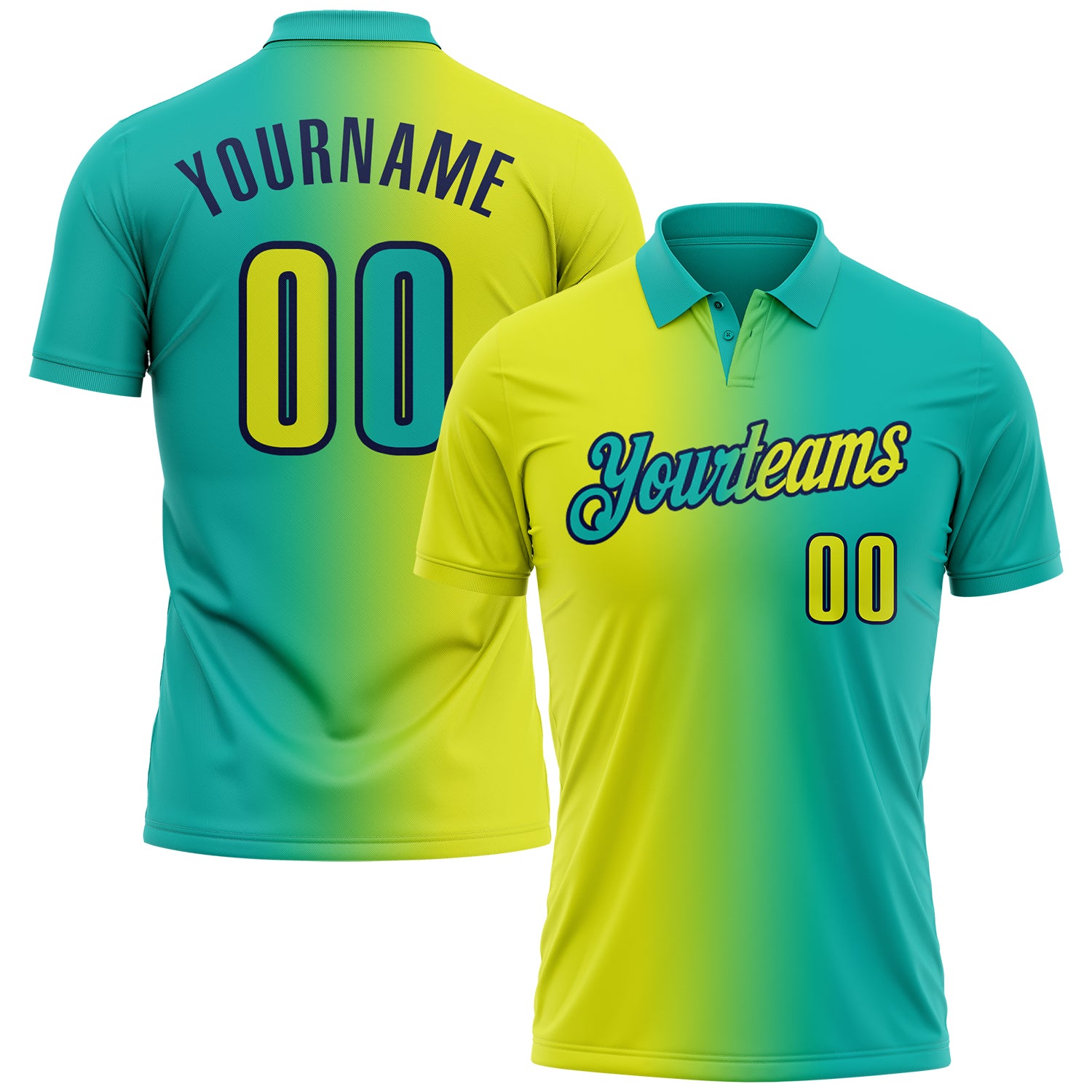 Custom Aqua Neon Yellow-Navy 3D Gradient Fashion Performance Polo Shirt