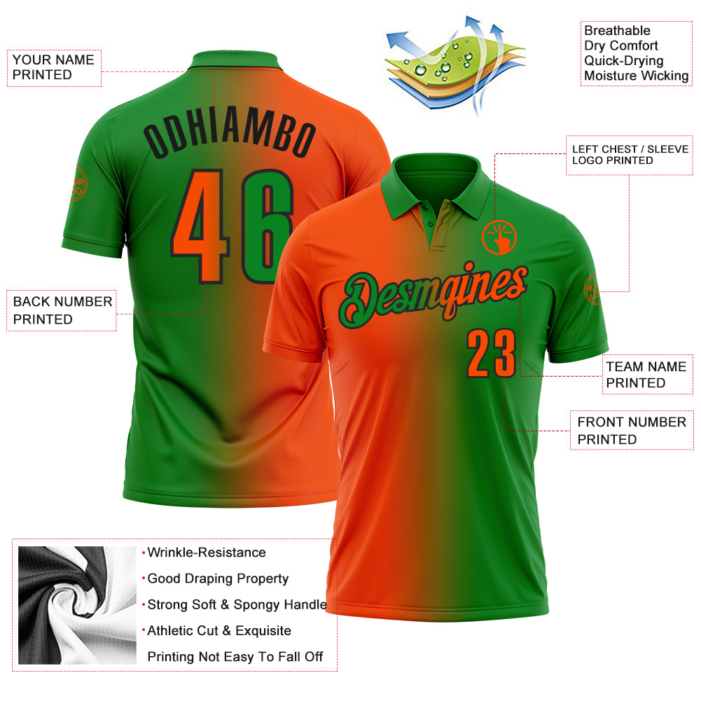 Custom Grass Green Orange-Black 3D Gradient Fashion Performance Polo Shirt