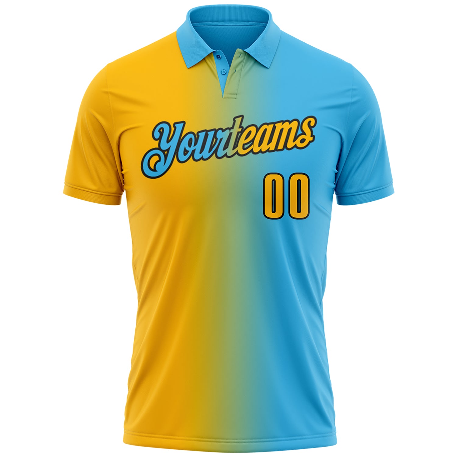 Custom Sky Blue Gold-Black 3D Gradient Fashion Performance Polo Shirt