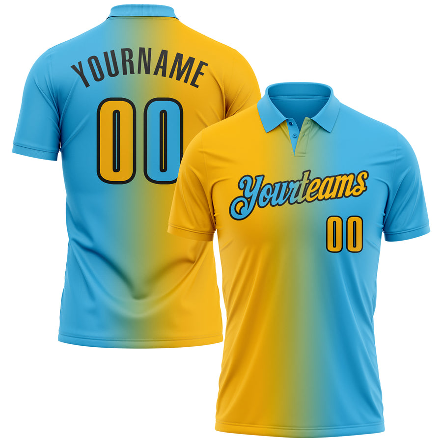 Custom Sky Blue Gold-Black 3D Gradient Fashion Performance Polo Shirt