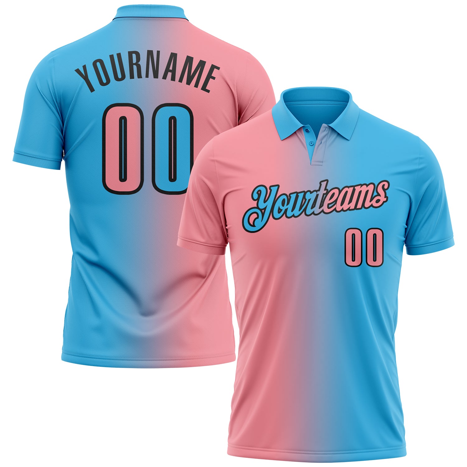 Custom Sky Blue Medium Pink-Black 3D Gradient Fashion Performance Polo Shirt