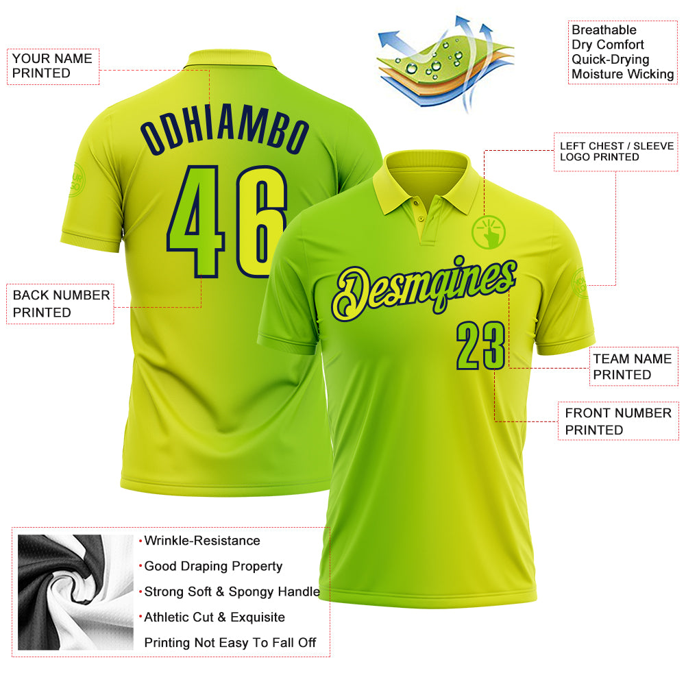 Custom Neon Yellow Neon Green-Navy 3D Gradient Fashion Performance Polo Shirt