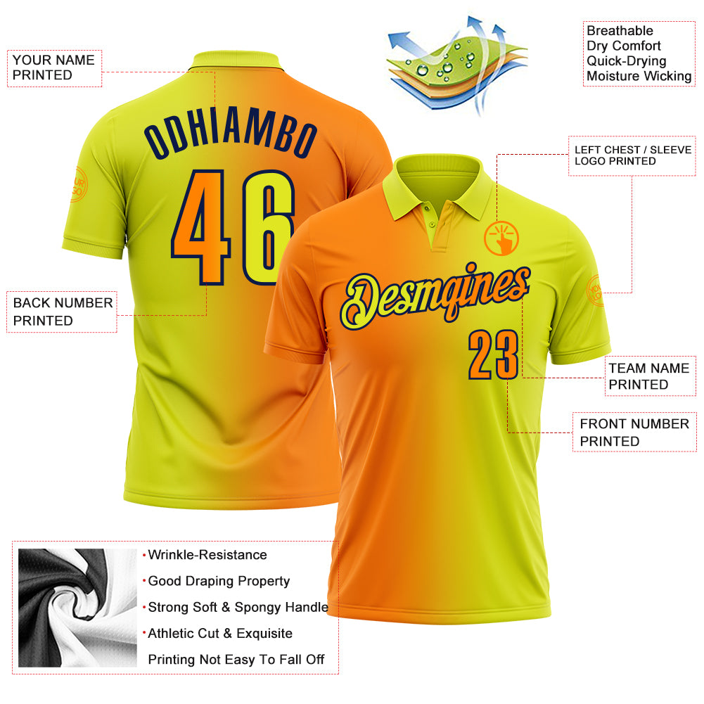 Custom Neon Yellow Bay Orange-Navy 3D Gradient Fashion Performance Polo Shirt