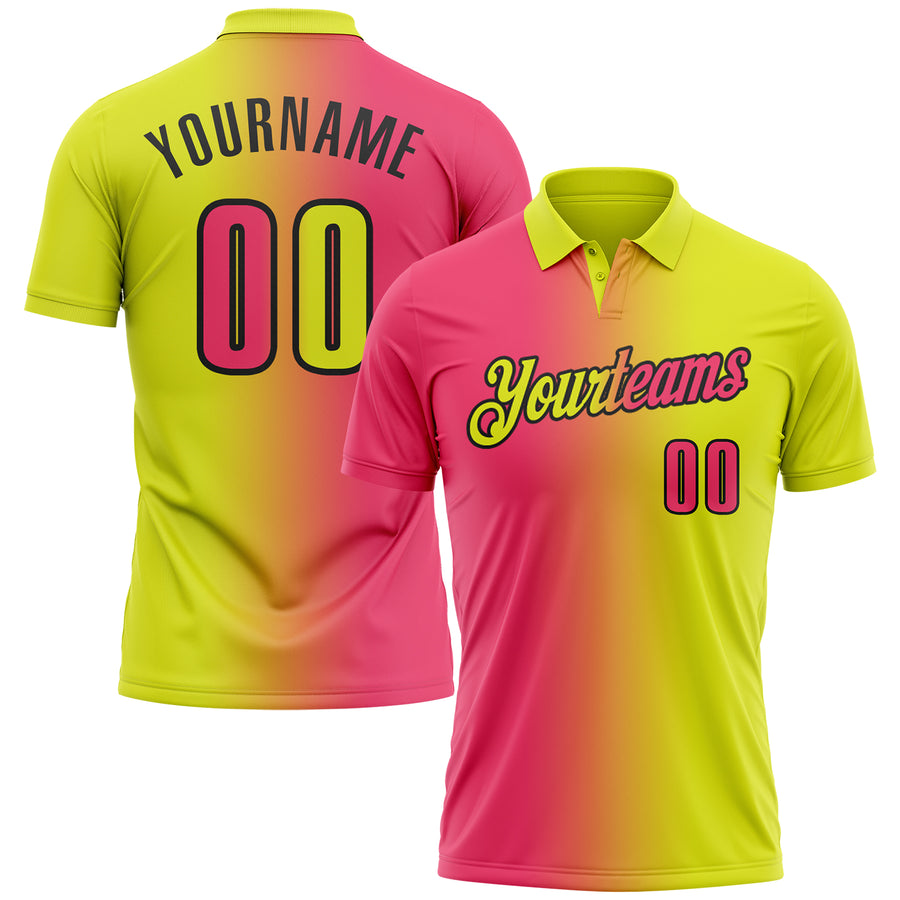Custom Neon Yellow Neon Pink-Black 3D Gradient Fashion Performance Polo Shirt