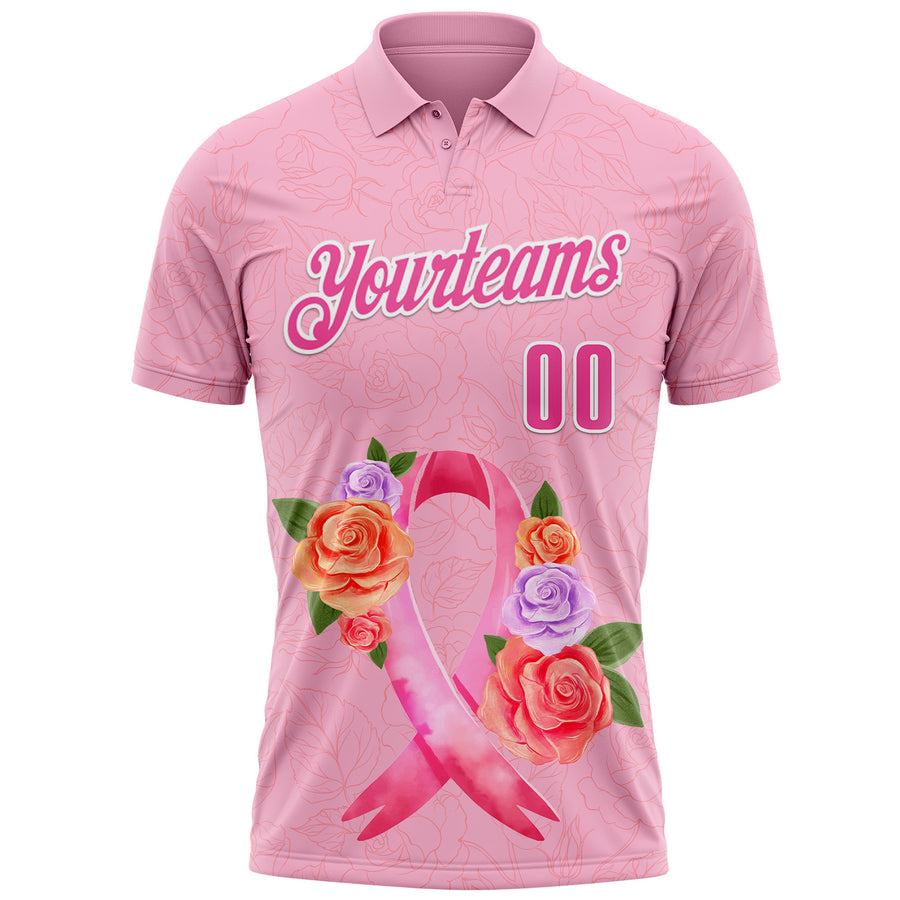 Custom Light Pink Pink-White 3D Pink Ribbon Breast Cancer Awareness Month Women Health Care Support Floral Performance Polo Shirt