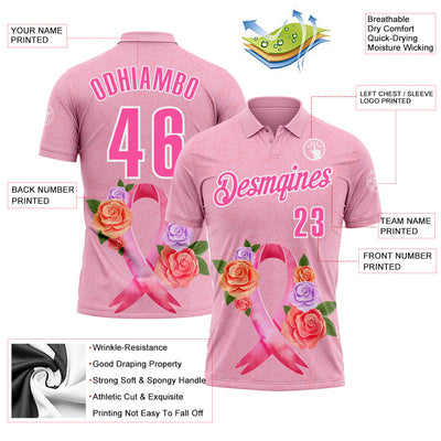 Custom Light Pink Pink-White 3D Pink Ribbon Breast Cancer Awareness Month Women Health Care Support Floral Performance Polo Shirt