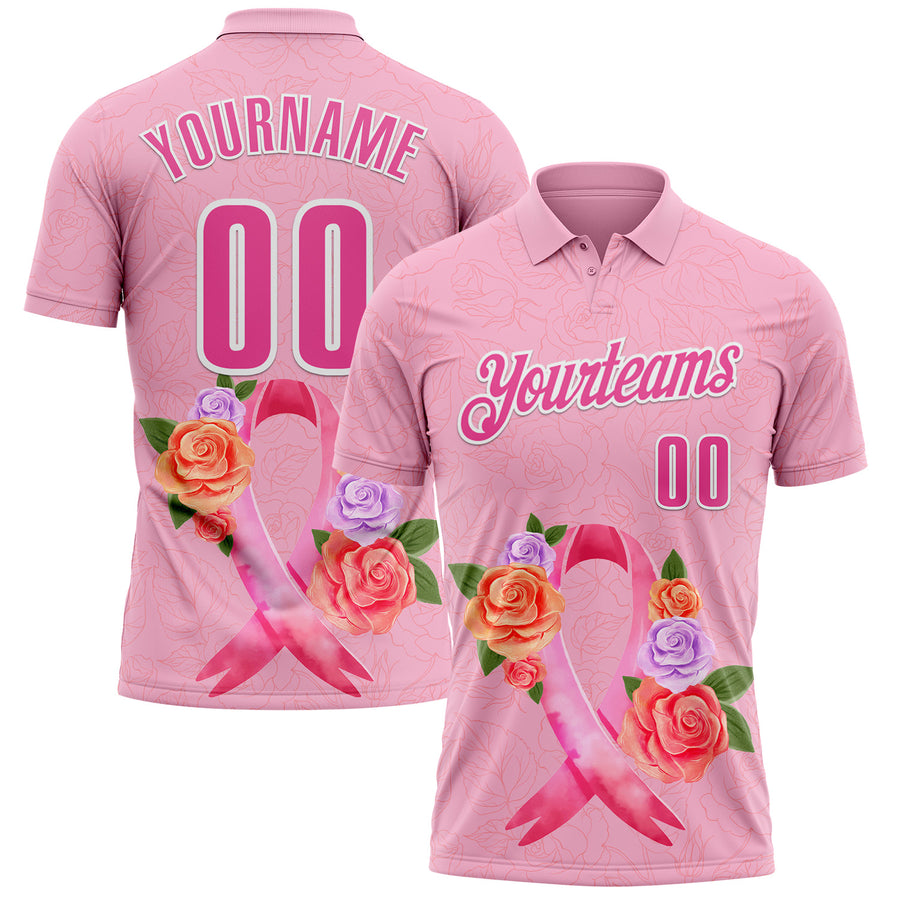 Custom Light Pink Pink-White 3D Pink Ribbon Breast Cancer Awareness Month Women Health Care Support Floral Performance Polo Shirt