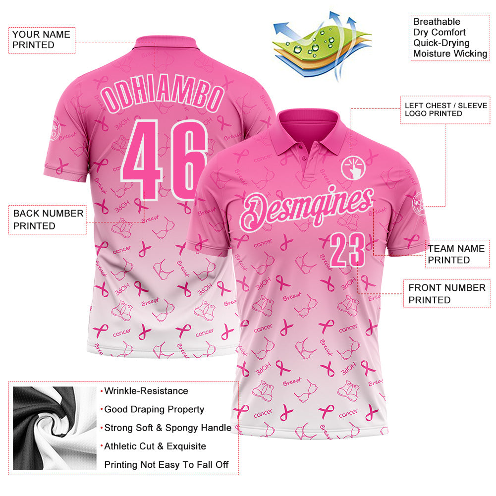 Custom Pink White 3D Gradient Pink Ribbon Breast Cancer Awareness Month Women Health Care Support Performance Polo Shirt