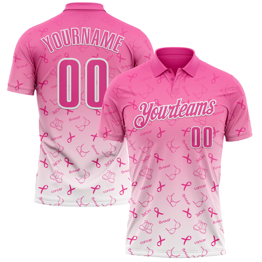 Custom Pink White 3D Gradient Pink Ribbon Breast Cancer Awareness Month Women Health Care Support Performance Polo Shirt