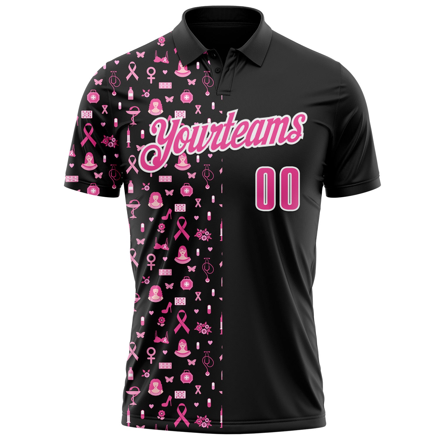 Custom Black Pink-White 3D Pink Ribbon Breast Cancer Awareness Month Women Health Care Support Performance Polo Shirt
