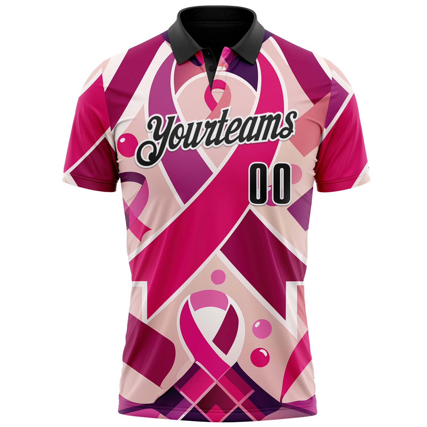 Custom Pink Black-White 3D Pink Ribbon Breast Cancer Awareness Month Women Health Care Support Performance Polo Shirt