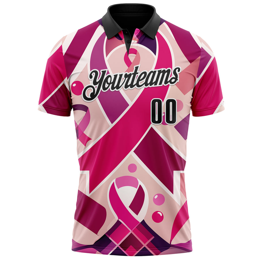 Custom Pink Black-White 3D Pink Ribbon Breast Cancer Awareness Month Women Health Care Support Performance Polo Shirt