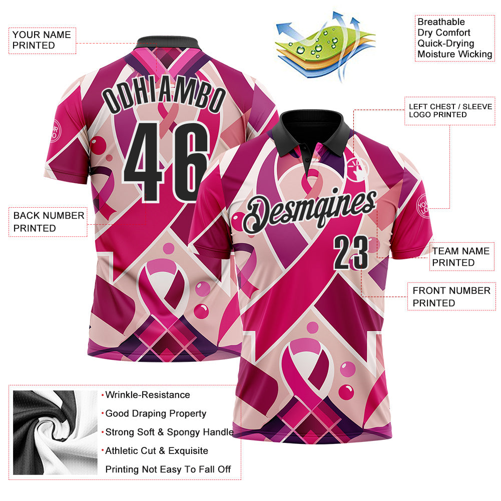 Custom Pink Black-White 3D Pink Ribbon Breast Cancer Awareness Month Women Health Care Support Performance Polo Shirt