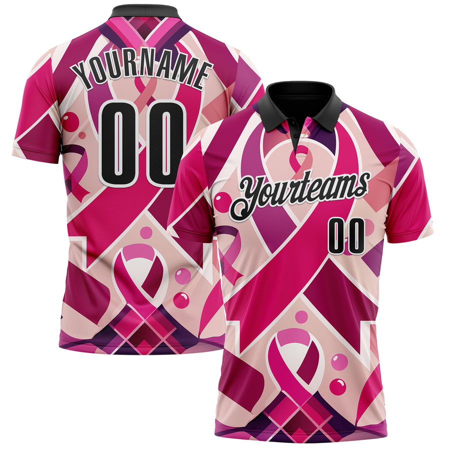 Custom Pink Black-White 3D Pink Ribbon Breast Cancer Awareness Month Women Health Care Support Performance Polo Shirt