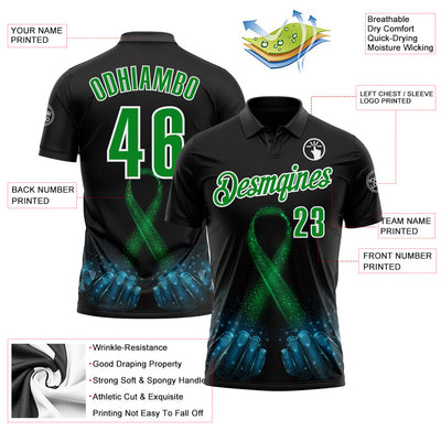 Custom Black Grass Green-White 3D Pattern Design Green Ribbon Liver Cancer Performance Polo Shirt