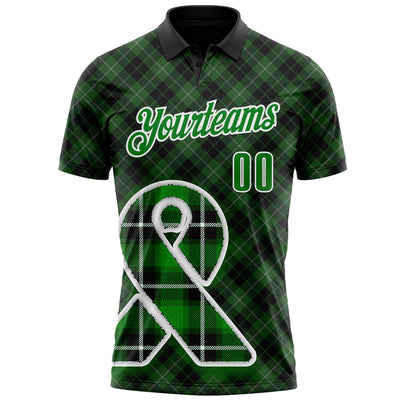 Custom Black Grass Green-White 3D Pattern Design Green Ribbon Liver Cancer Plaid Performance Polo Shirt