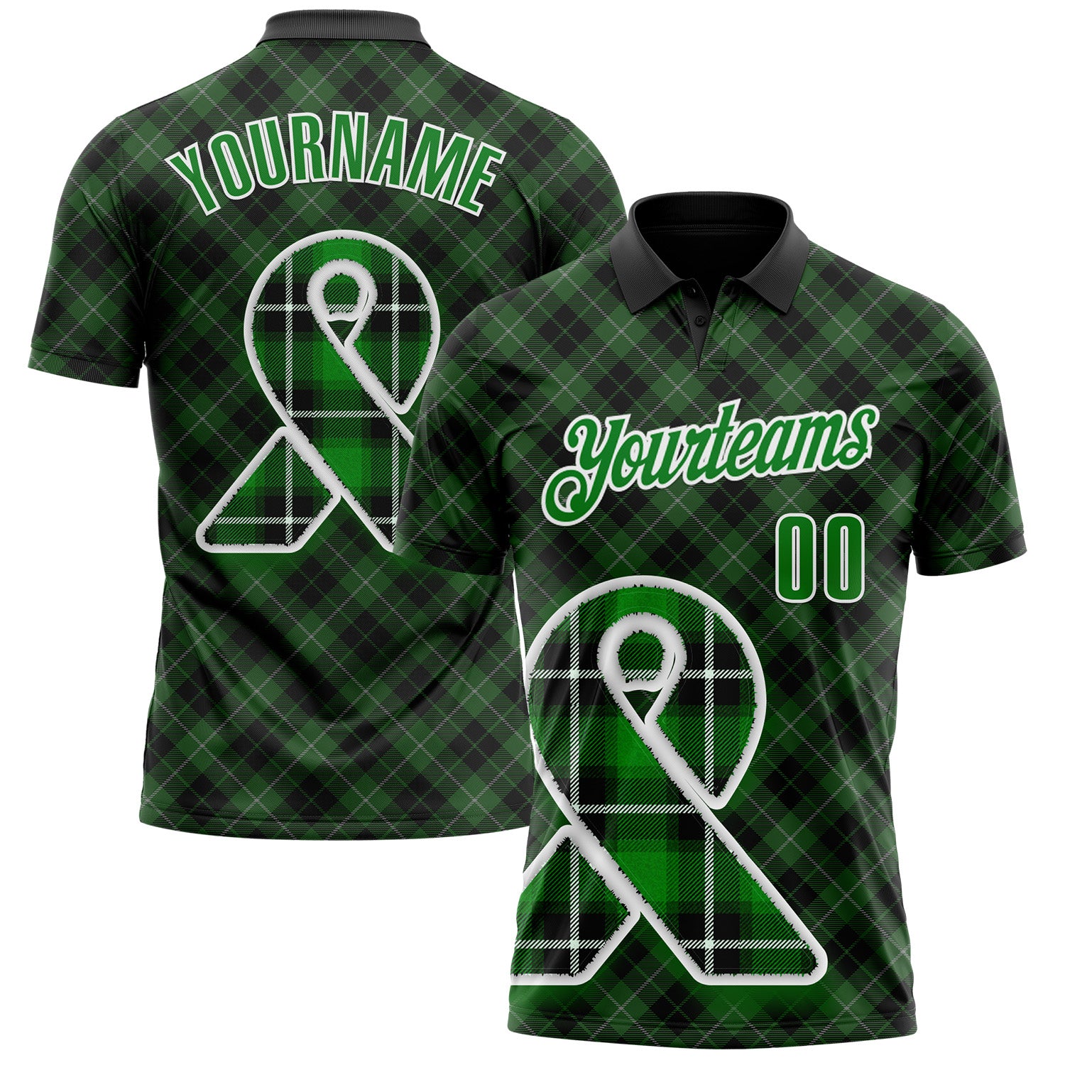 Custom Black Grass Green-White 3D Pattern Design Green Ribbon Liver Cancer Plaid Performance Polo Shirt
