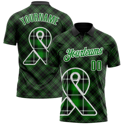 Custom Black Grass Green-White 3D Pattern Design Green Ribbon Liver Cancer Plaid Performance Polo Shirt