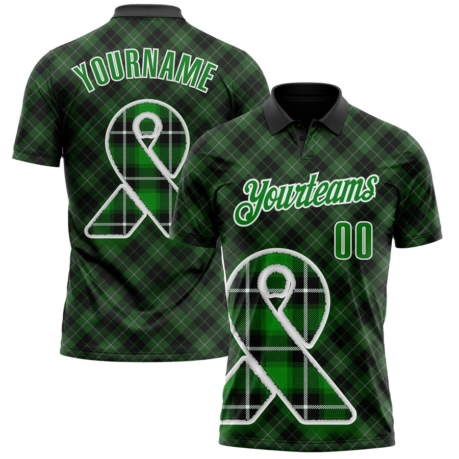 Custom Black Grass Green-White 3D Pattern Design Green Ribbon Liver Cancer Plaid Performance Polo Shirt