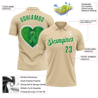 Custom City Cream Grass Green-White 3D Pattern Design Green Ribbon Liver Cancer Heart Performance Polo Shirt