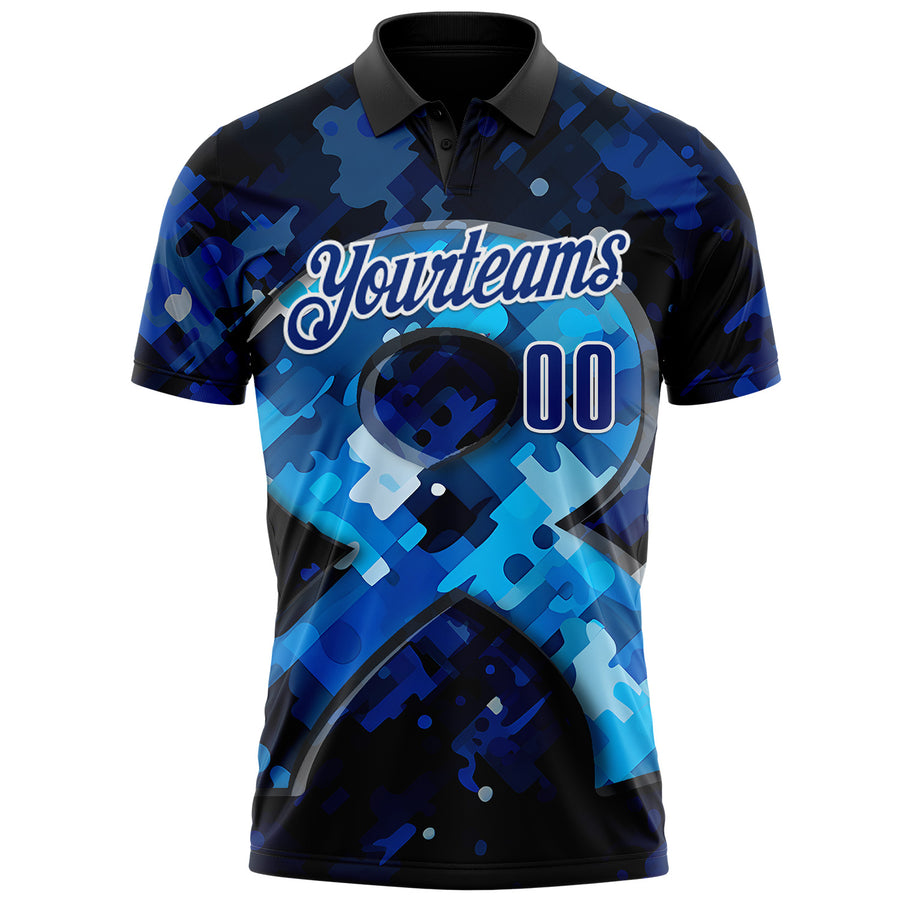 Custom Blue Royal-White 3D Pattern Design Dark Blue Ribbon Colorectal Cancer Awareness Colon Performance Polo Shirt