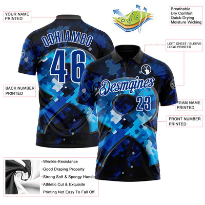 Custom Blue Royal-White 3D Pattern Design Dark Blue Ribbon Colorectal Cancer Awareness Colon Performance Polo Shirt