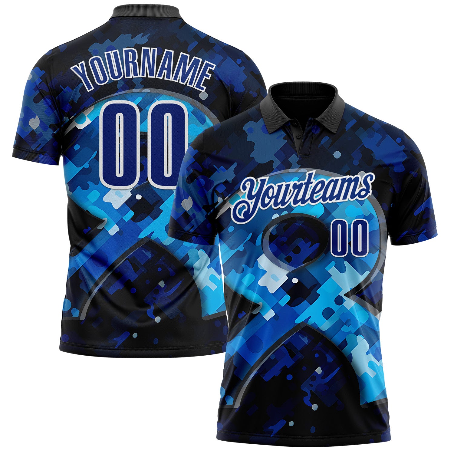 Custom Blue Royal-White 3D Pattern Design Dark Blue Ribbon Colorectal Cancer Awareness Colon Performance Polo Shirt