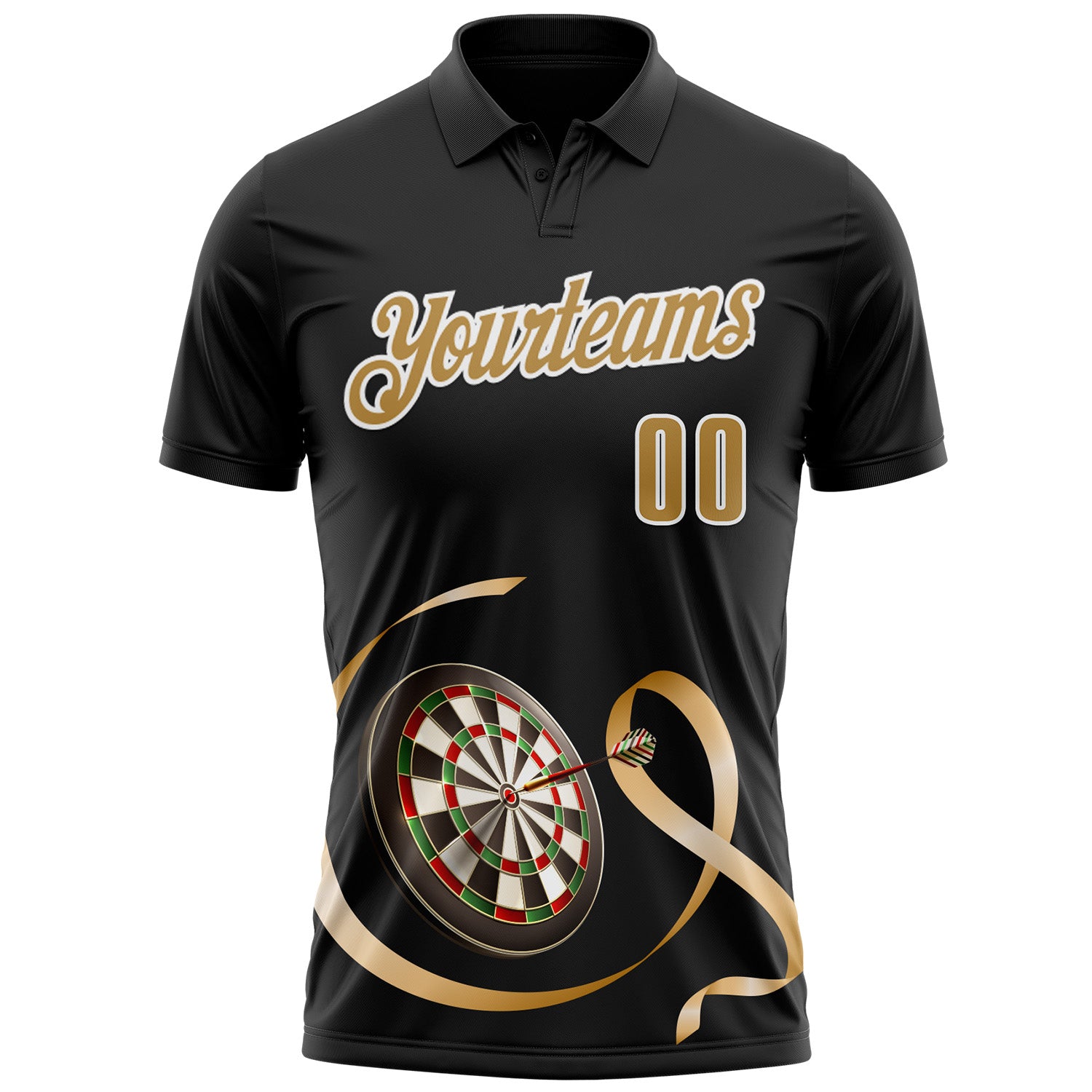Custom Black Old Gold-White 3D Pattern Design Gold Ribbon Childhood Cancer Awareness Darts Performance Polo Shirt