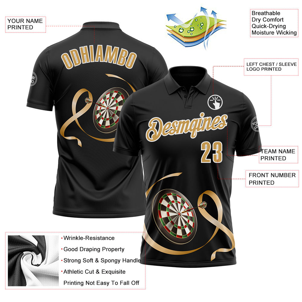 Custom Black Old Gold-White 3D Pattern Design Gold Ribbon Childhood Cancer Awareness Darts Performance Polo Shirt