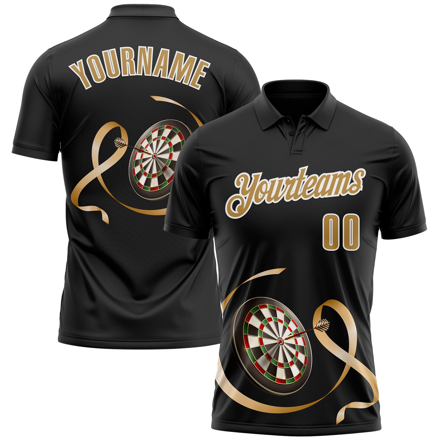 Custom Black Old Gold-White 3D Pattern Design Gold Ribbon Childhood Cancer Awareness Darts Performance Polo Shirt