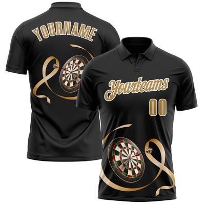 Custom Black Old Gold-White 3D Pattern Design Gold Ribbon Childhood Cancer Awareness Darts Performance Polo Shirt