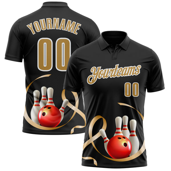 Custom Black Old Gold-White 3D Pattern Design Gold Ribbon Childhood Cancer Awareness Bowling Performance Polo Shirt
