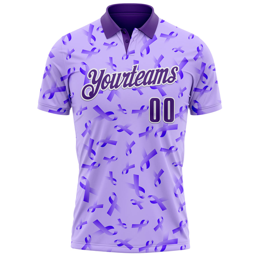 Custom Purple White 3D Pattern Design Purple Ribbon Gynecological Cancer Awareness Performance Polo Shirt