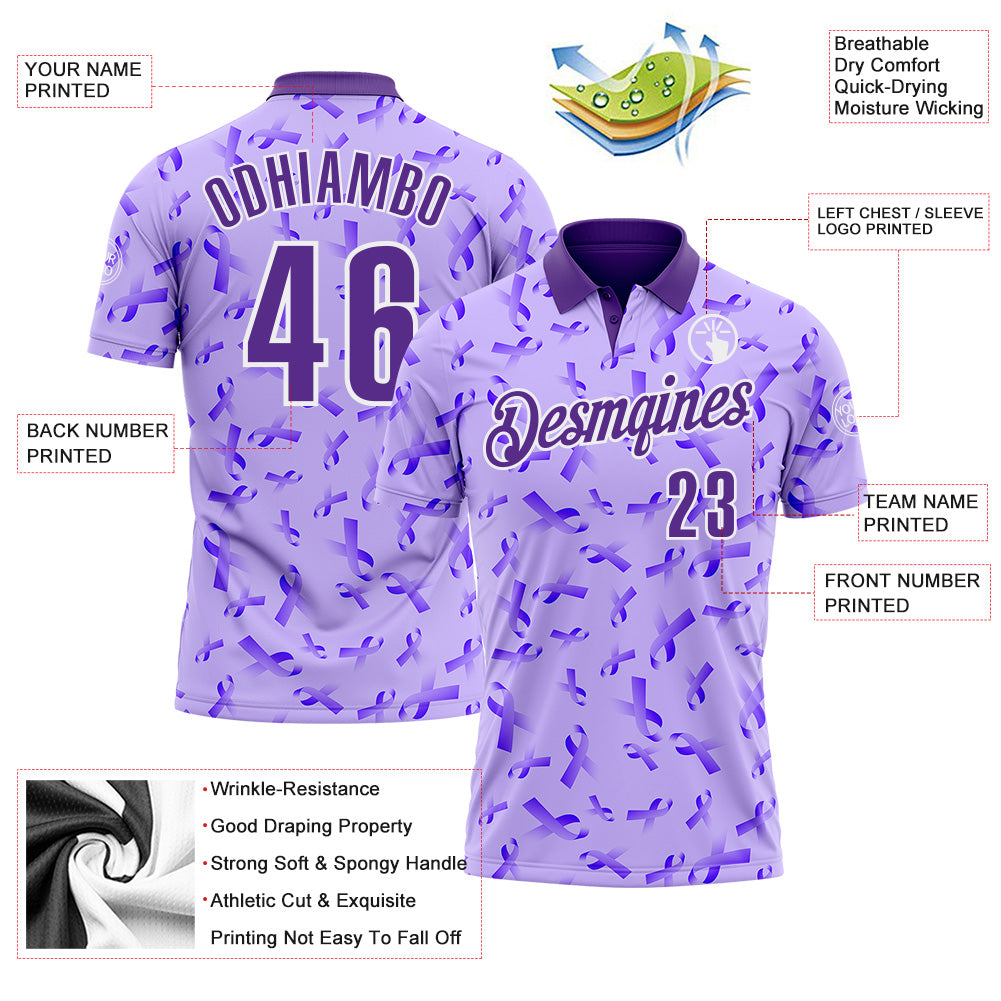 Custom Purple White 3D Pattern Design Purple Ribbon Gynecological Cancer Awareness Performance Polo Shirt