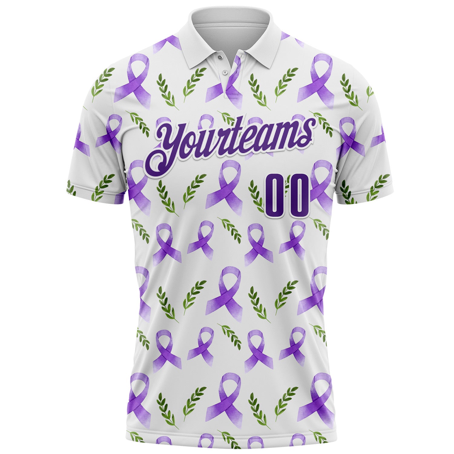 Custom White Purple 3D Pattern Design Purple Ribbon Pancreatic Cancer Awareness Performance Polo Shirt