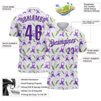 Custom White Purple 3D Pattern Design Purple Ribbon Pancreatic Cancer Awareness Performance Polo Shirt