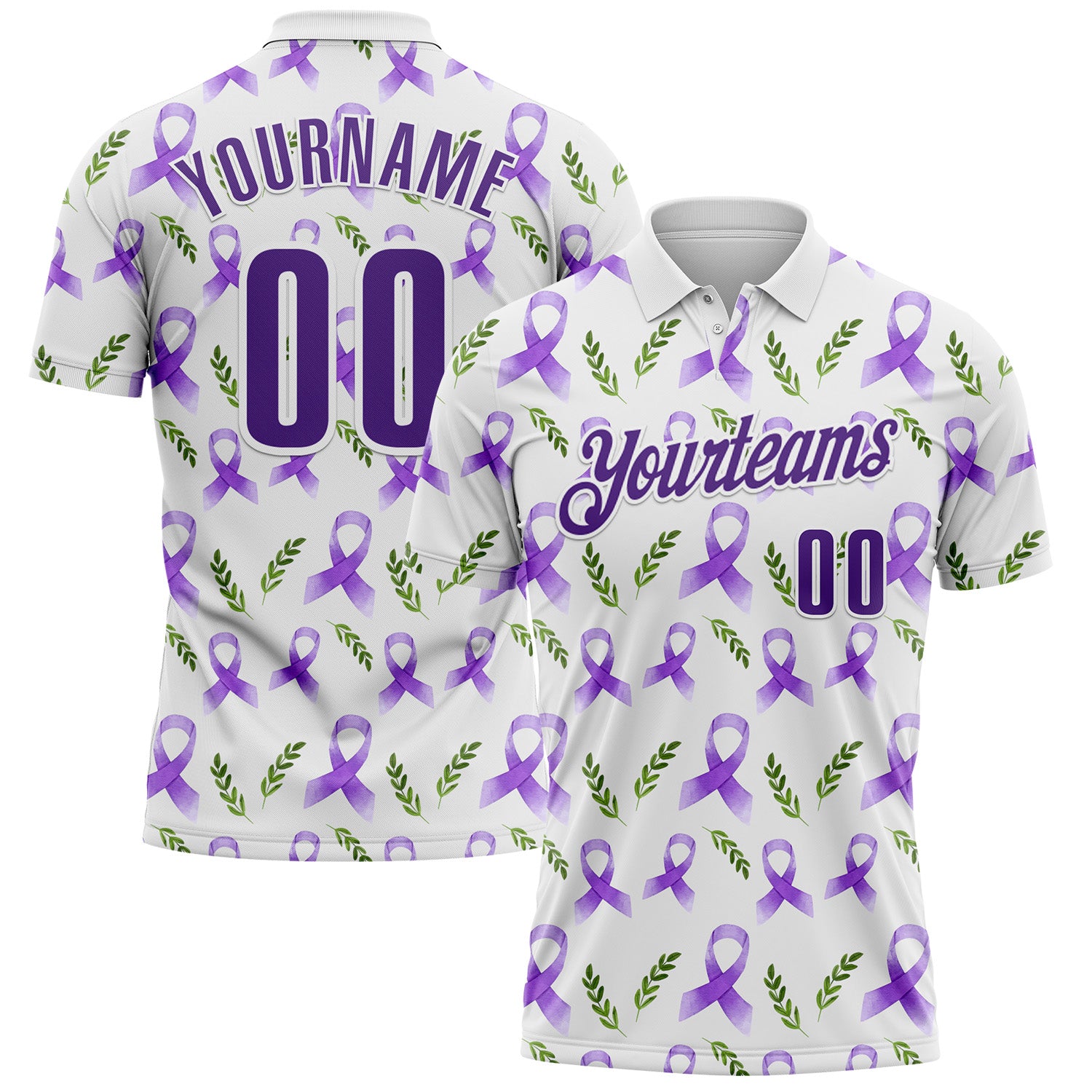 Custom White Purple 3D Pattern Design Purple Ribbon Pancreatic Cancer Awareness Performance Polo Shirt