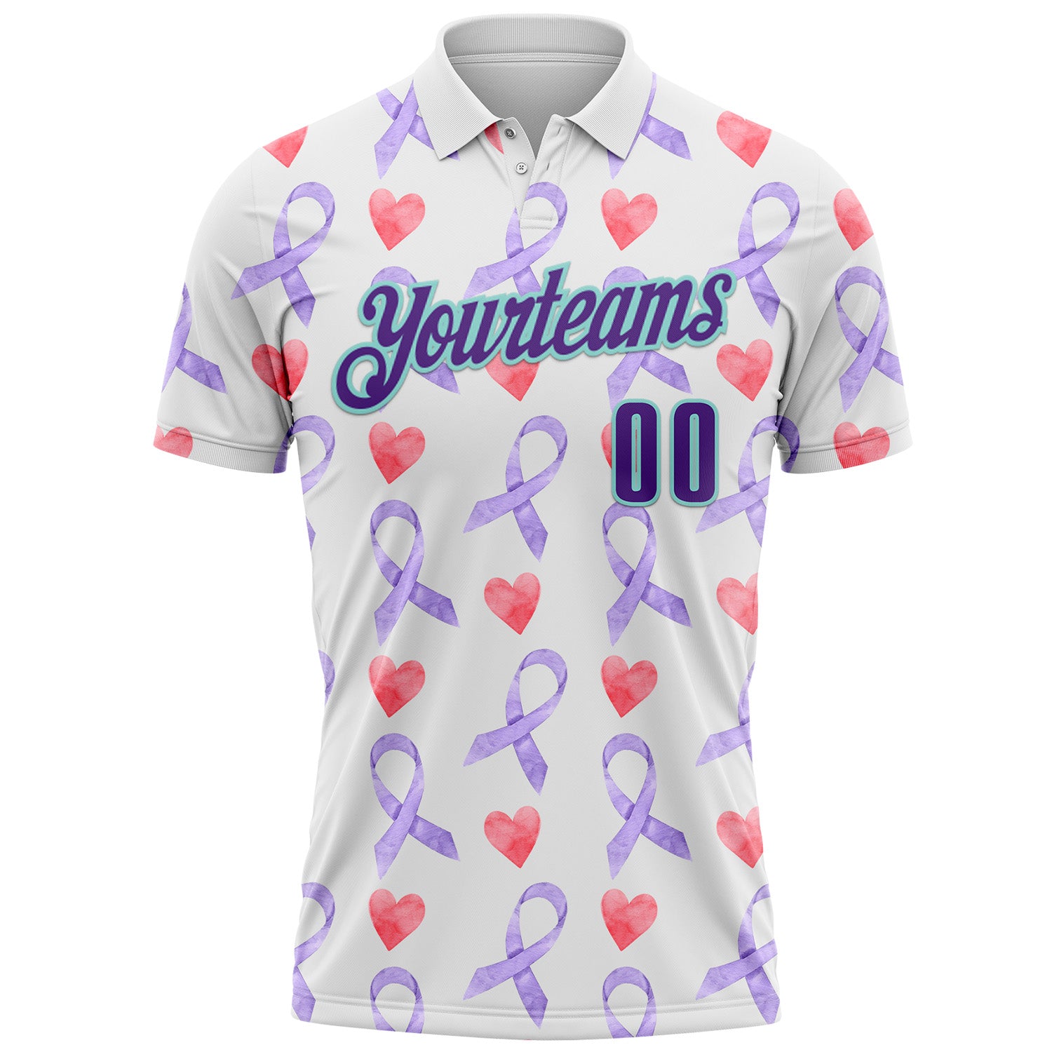Custom White Purple-Ice Blue 3D Pattern Design Perwinkle Ribbon Gastric Cancer Awareness Hearts Performance Polo Shirt