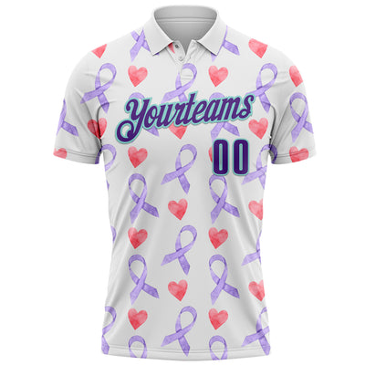 Custom White Purple-Ice Blue 3D Pattern Design Perwinkle Ribbon Gastric Cancer Awareness Hearts Performance Polo Shirt