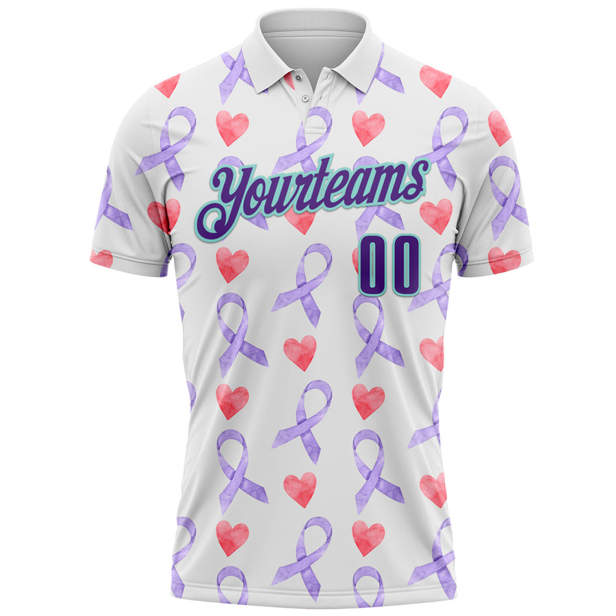 Custom White Purple-Ice Blue 3D Pattern Design Perwinkle Ribbon Gastric Cancer Awareness Hearts Performance Polo Shirt