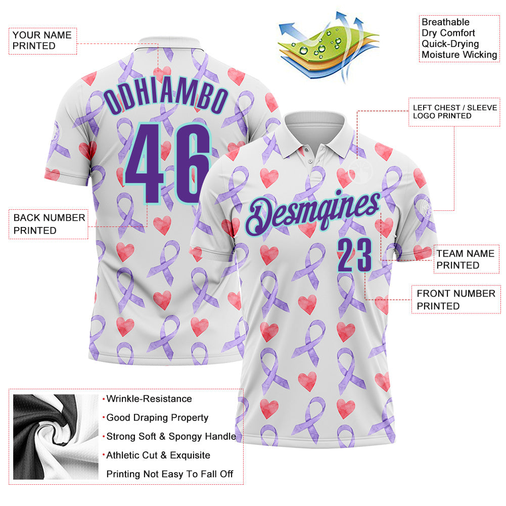 Custom White Purple-Ice Blue 3D Pattern Design Perwinkle Ribbon Gastric Cancer Awareness Hearts Performance Polo Shirt
