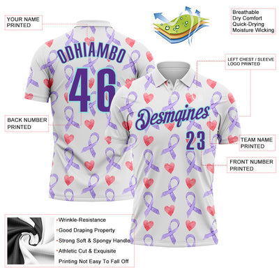 Custom White Purple-Ice Blue 3D Pattern Design Perwinkle Ribbon Gastric Cancer Awareness Hearts Performance Polo Shirt