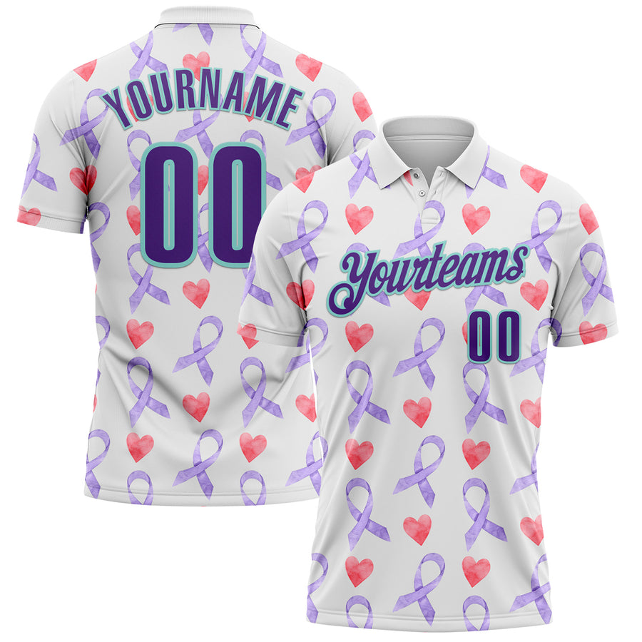 Custom White Purple-Ice Blue 3D Pattern Design Perwinkle Ribbon Gastric Cancer Awareness Hearts Performance Polo Shirt