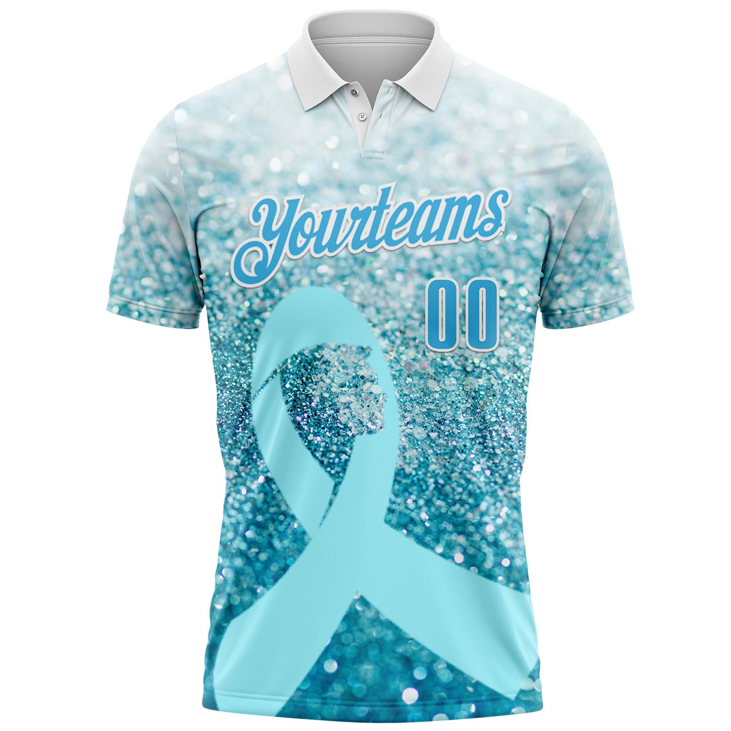 Custom White Sky Blue 3D Pattern Design Light Blue Ribbon Prostate Cancer Awareness Sprinkle Performance Polo Shirt