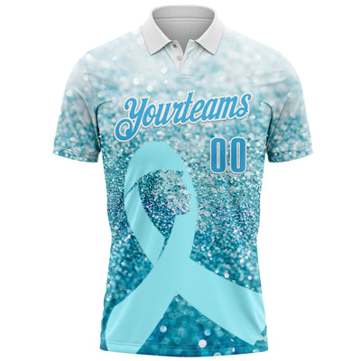 Custom White Sky Blue 3D Pattern Design Light Blue Ribbon Prostate Cancer Awareness Sprinkle Performance Polo Shirt