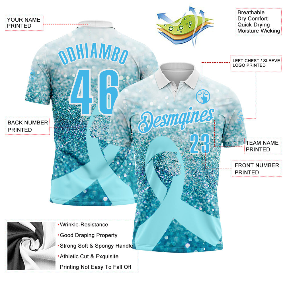 Custom White Sky Blue 3D Pattern Design Light Blue Ribbon Prostate Cancer Awareness Sprinkle Performance Polo Shirt