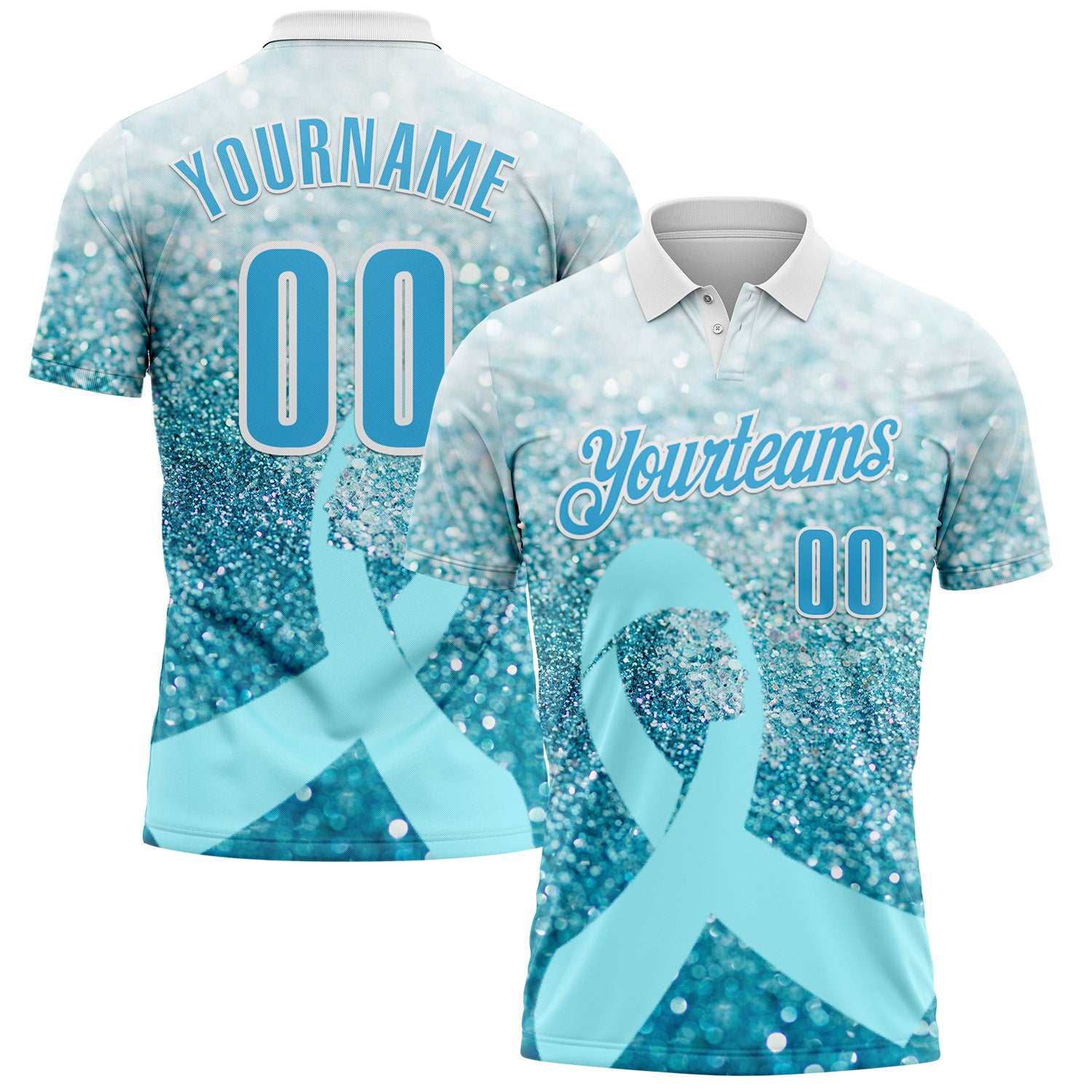 Custom White Sky Blue 3D Pattern Design Light Blue Ribbon Prostate Cancer Awareness Sprinkle Performance Polo Shirt