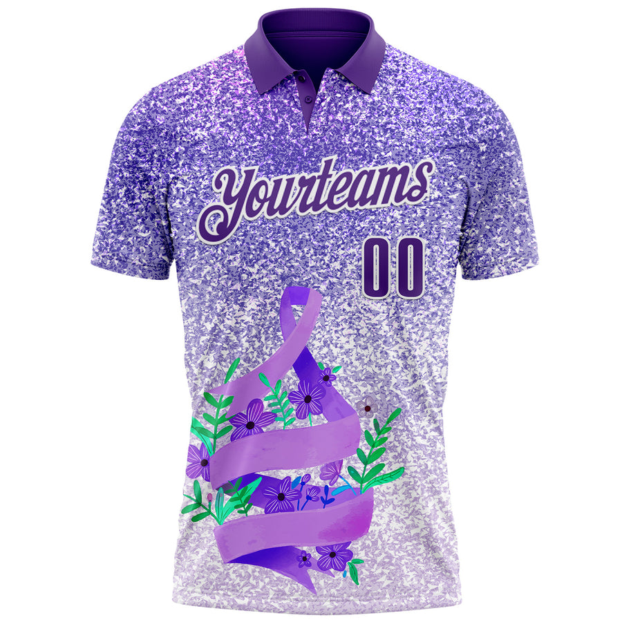 Custom Purple White 3D Pattern Design Perwinkle Ribbon Gastric Cancer Awareness Sprinkle Performance Polo Shirt