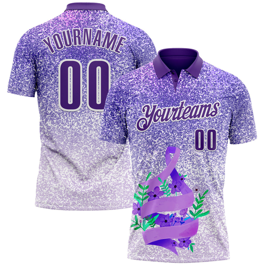 Custom Purple White 3D Pattern Design Perwinkle Ribbon Gastric Cancer Awareness Sprinkle Performance Polo Shirt